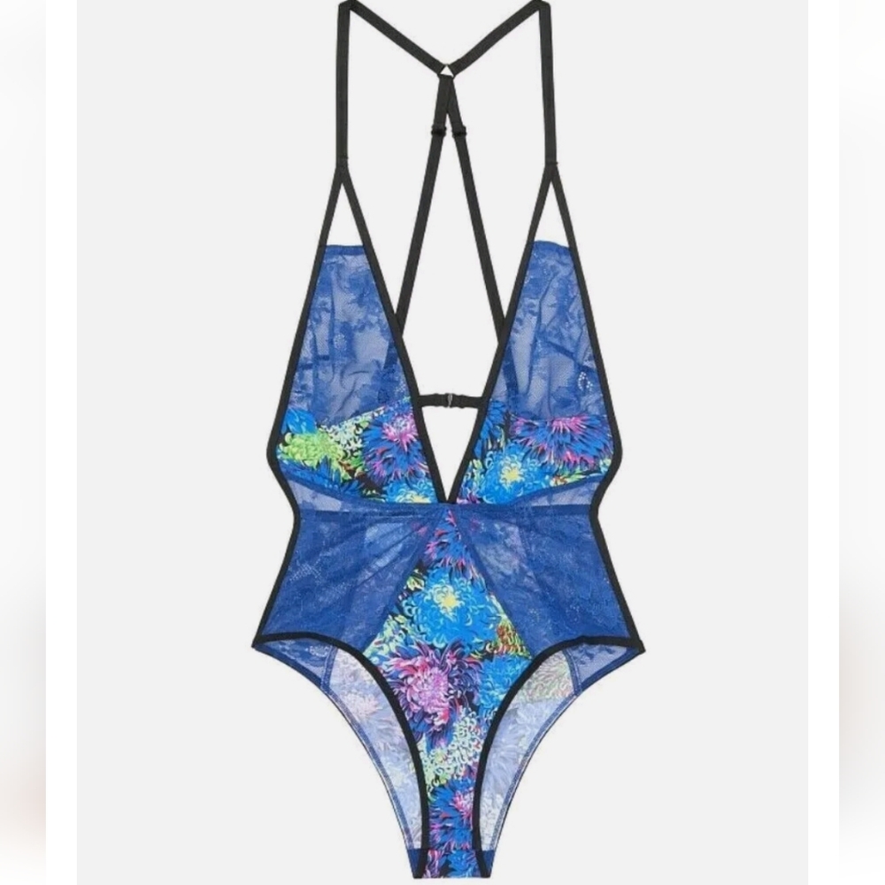 VICTORIA x MARY KATRANTZOU Plunge Bodysuit Teddy Floral BLUE Lingerie Medium - Picture 2 of 10